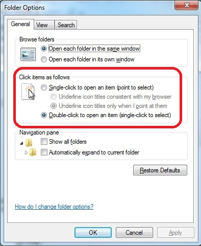 Windows 7 Control Panel, Folder Options